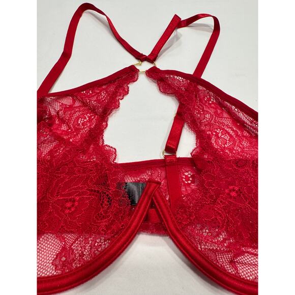 NEW Frederick's of Hollywood Lover Floral Lace Bra Set Size S/M Lipstick Red NWT - Picture 2 of 9